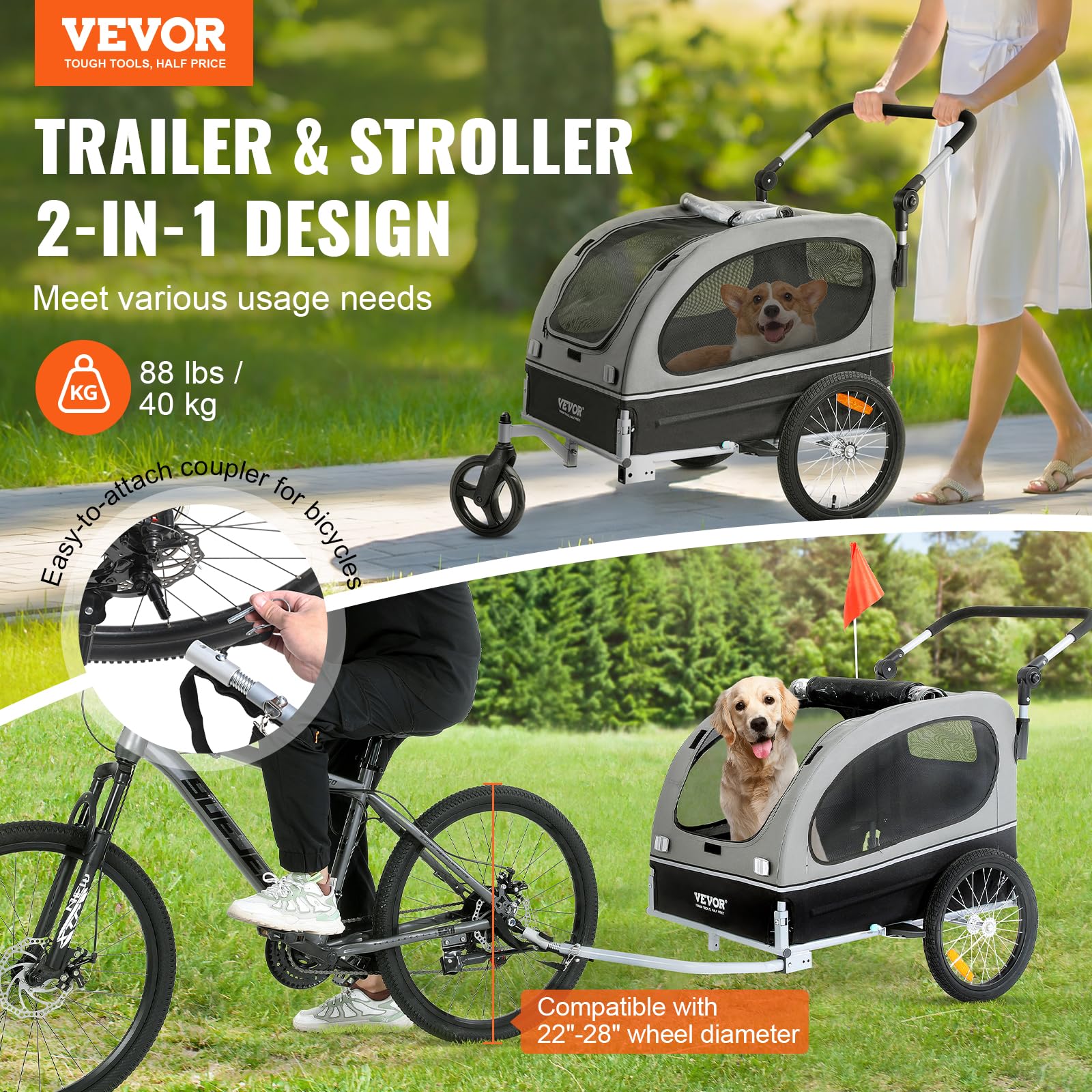 Foto 3 pulgar | Carrito 2 En 1 Para Mascotas Vevor Con Remolque De Bicicleta Para Perros, De Hasta 40 Kg - Venta Internacional.