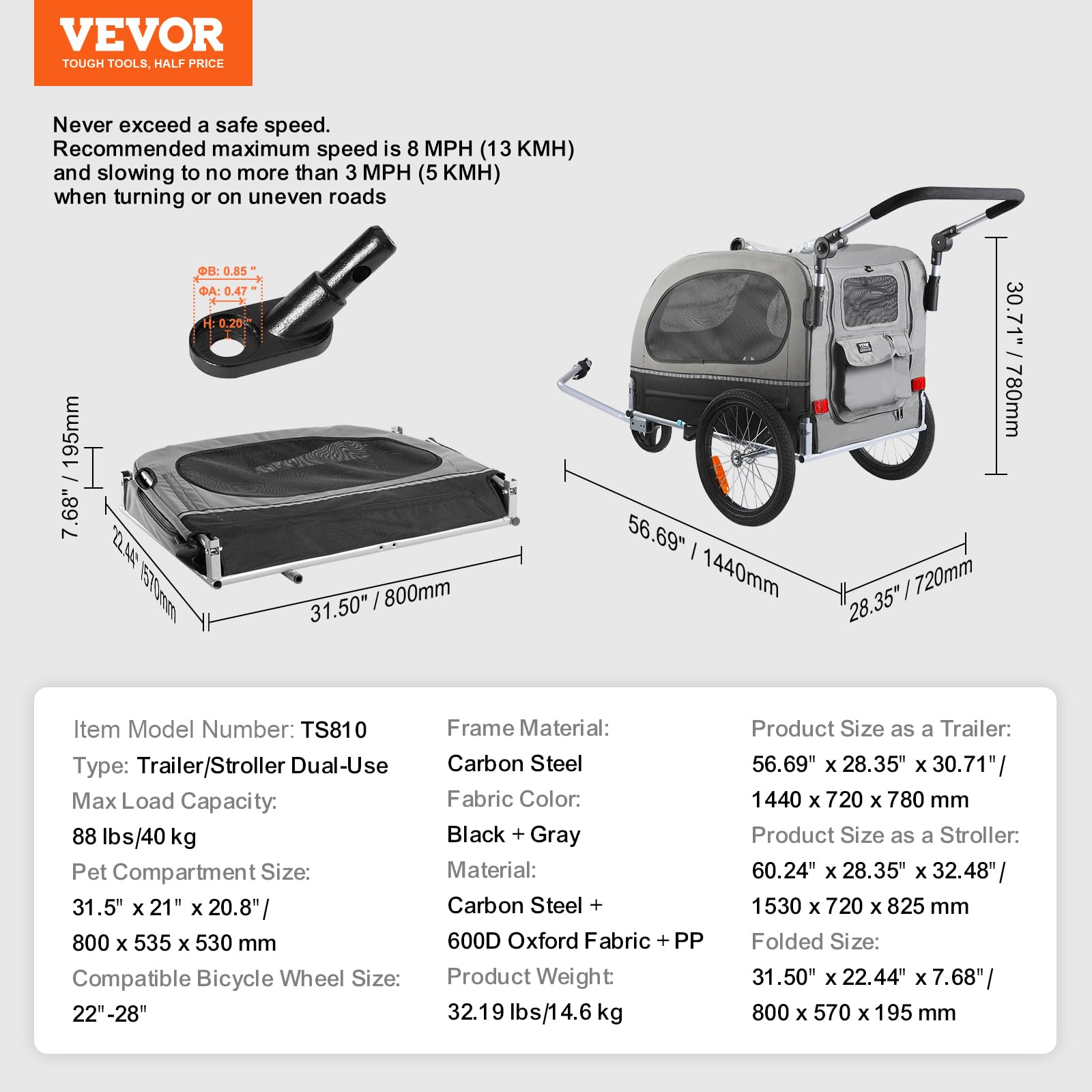 Foto 8 pulgar | Carrito 2 En 1 Para Mascotas Vevor Con Remolque De Bicicleta Para Perros, De Hasta 40 Kg - Venta Internacional.