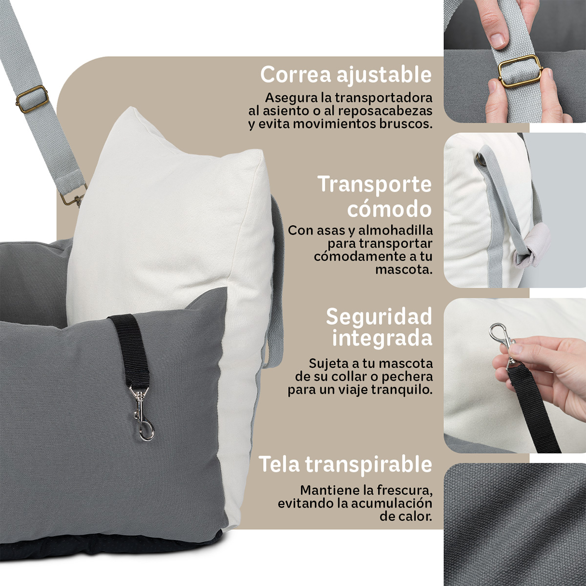 Foto 4 pulgar | Asiento De Seguridad De Automovil Para Perro Mascotas Esquimal Gris-hueso