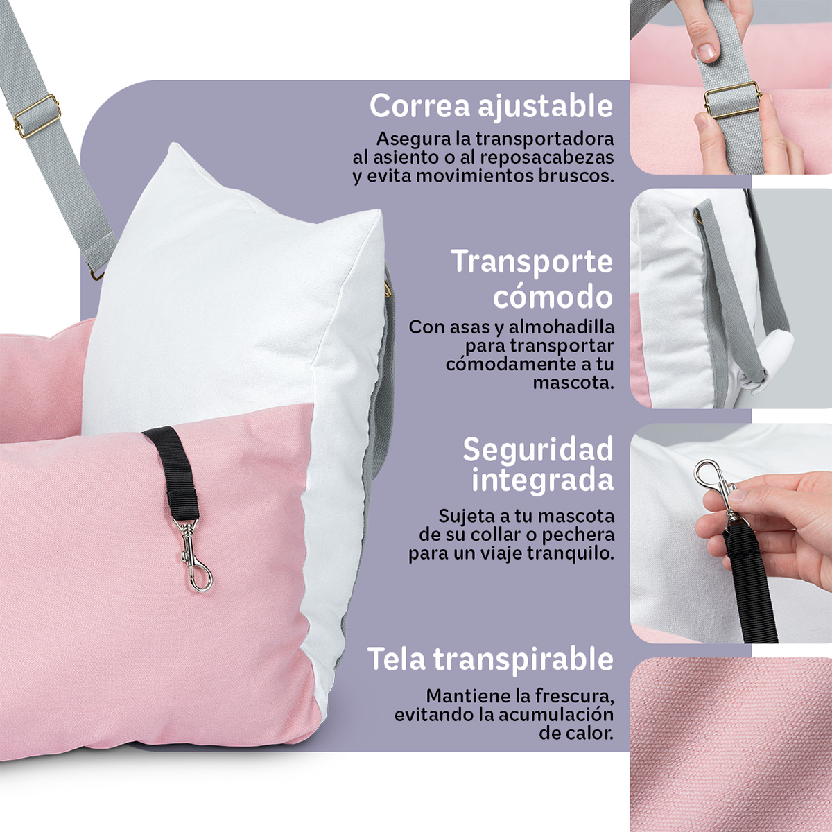 Foto 4 pulgar | Asiento De Seguridad De Automovil Para Perro Mascotas Esquimal Blanco-rosa