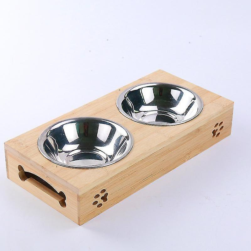 Foto 2 pulgar | Tazón Doble Para Mascotas, Bambú, Acero Inoxidable, Para Gatos Y Perros Pequeños - Venta Internacional.