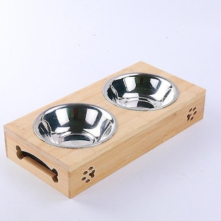 Foto 1 | Tazón Doble Para Mascotas, Bambú, Acero Inoxidable, Para Gatos Y Perros Pequeños - Venta Internacional.