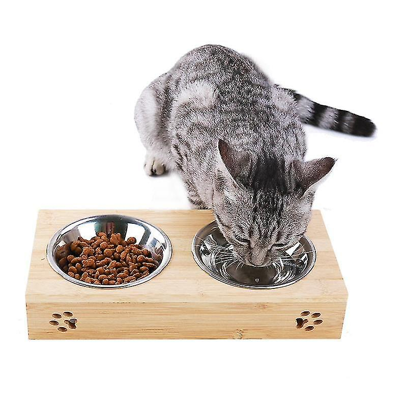 Foto 4 pulgar | Tazón Doble Para Mascotas, Bambú, Acero Inoxidable, Para Gatos Y Perros Pequeños - Venta Internacional.