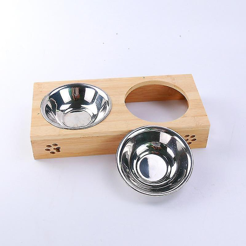 Foto 5 pulgar | Tazón Doble Para Mascotas, Bambú, Acero Inoxidable, Para Gatos Y Perros Pequeños - Venta Internacional.