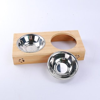 Foto 4 | Tazón Doble Para Mascotas, Bambú, Acero Inoxidable, Para Gatos Y Perros Pequeños - Venta Internacional.