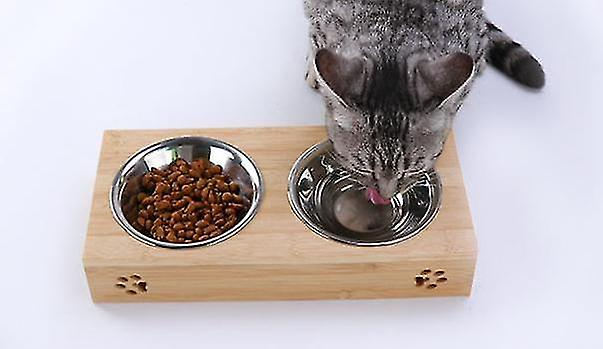 Foto 6 pulgar | Tazón Doble Para Mascotas, Bambú, Acero Inoxidable, Para Gatos Y Perros Pequeños - Venta Internacional.
