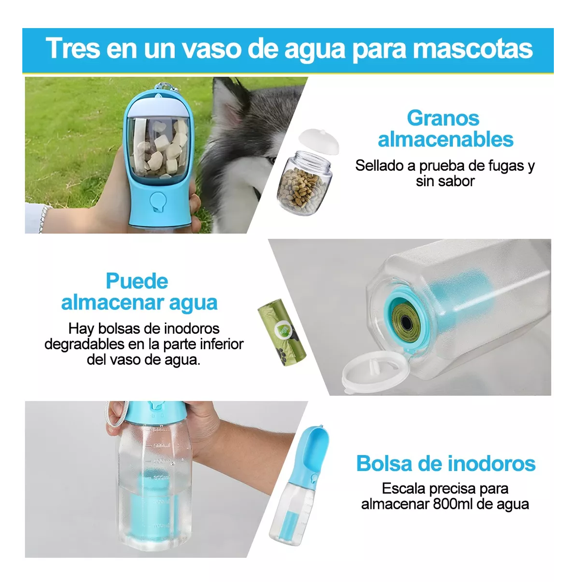 Foto 4 pulgar | Botella de Agua para Perros Eo Safe Imports Esi-9901 Azul 600 ml 3 en 1