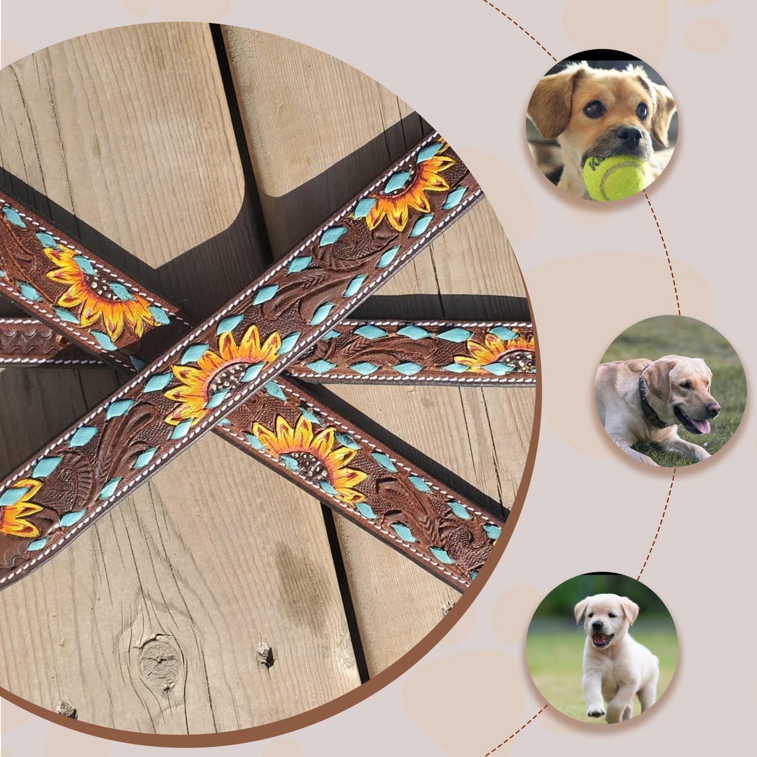 Foto 5 | Collar Para Perro Ranch De Piel Turquesa Con Forma De Girasol, Pespunte A Mano - Venta Internacional.