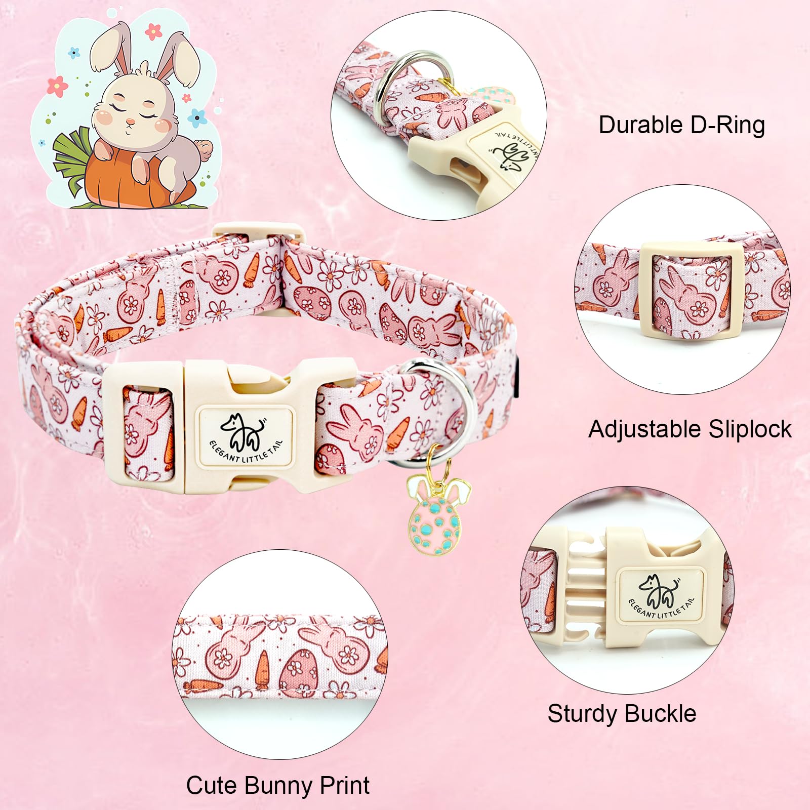 Foto 2 | Collar Para Perro, Elegante Rabita, Estampado De Conejito De Pascua, Algodón Rosa - Venta Internacional.