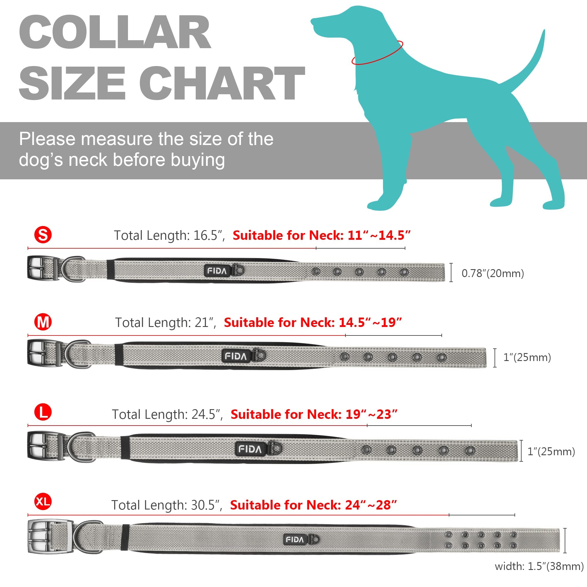Foto 7 pulgar | Collar Para Perros Fida Heavy Duty, Acolchado De Neopreno, Para Razas Medianas - Venta Internacional.
