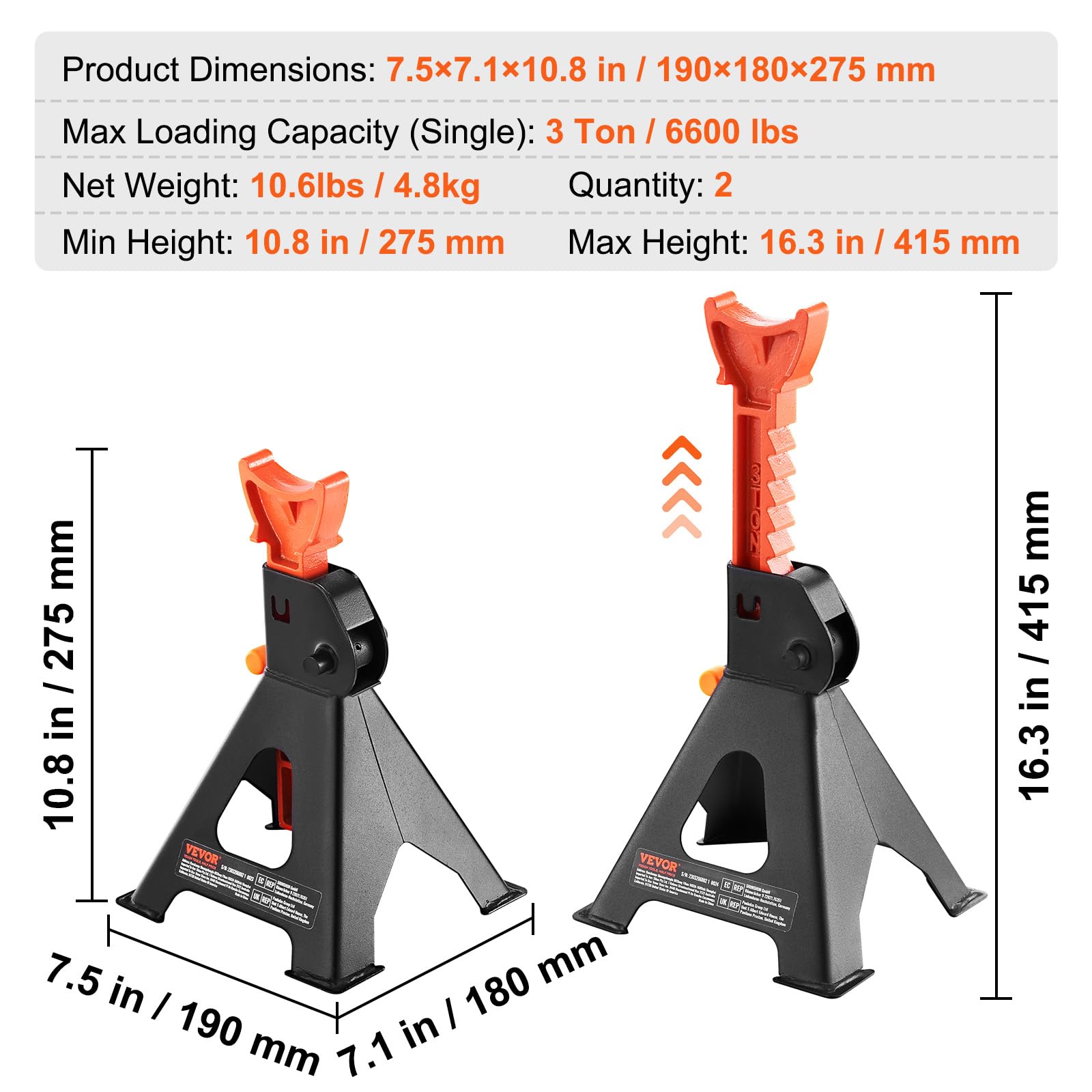 Foto 7 | Jack Stands Vevor De 3 Toneladas (6.000 Libras) De Capacidad Para Coche - Venta Internacional.