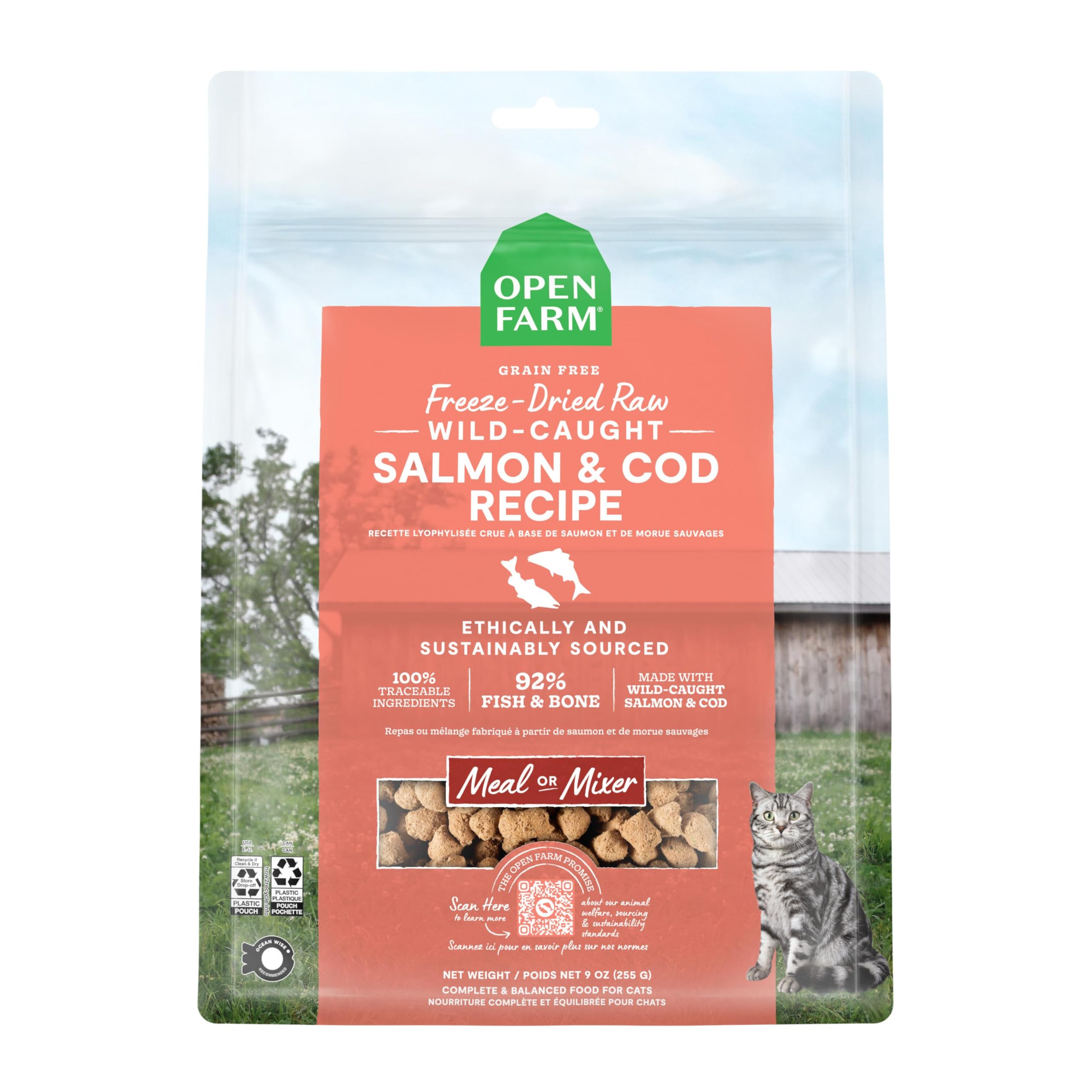 Bocadillos Crudos Liofilizados para Gatos Open Farm Salmon & Bod - Venta Internacional