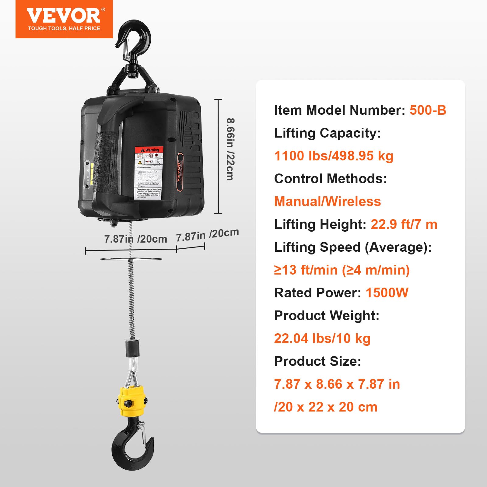 Foto 8 pulgar | Cabrestante Eléctrico Vevor 2 En 1, 500 Kg, Capacidad 1500 W - Venta Internacional.