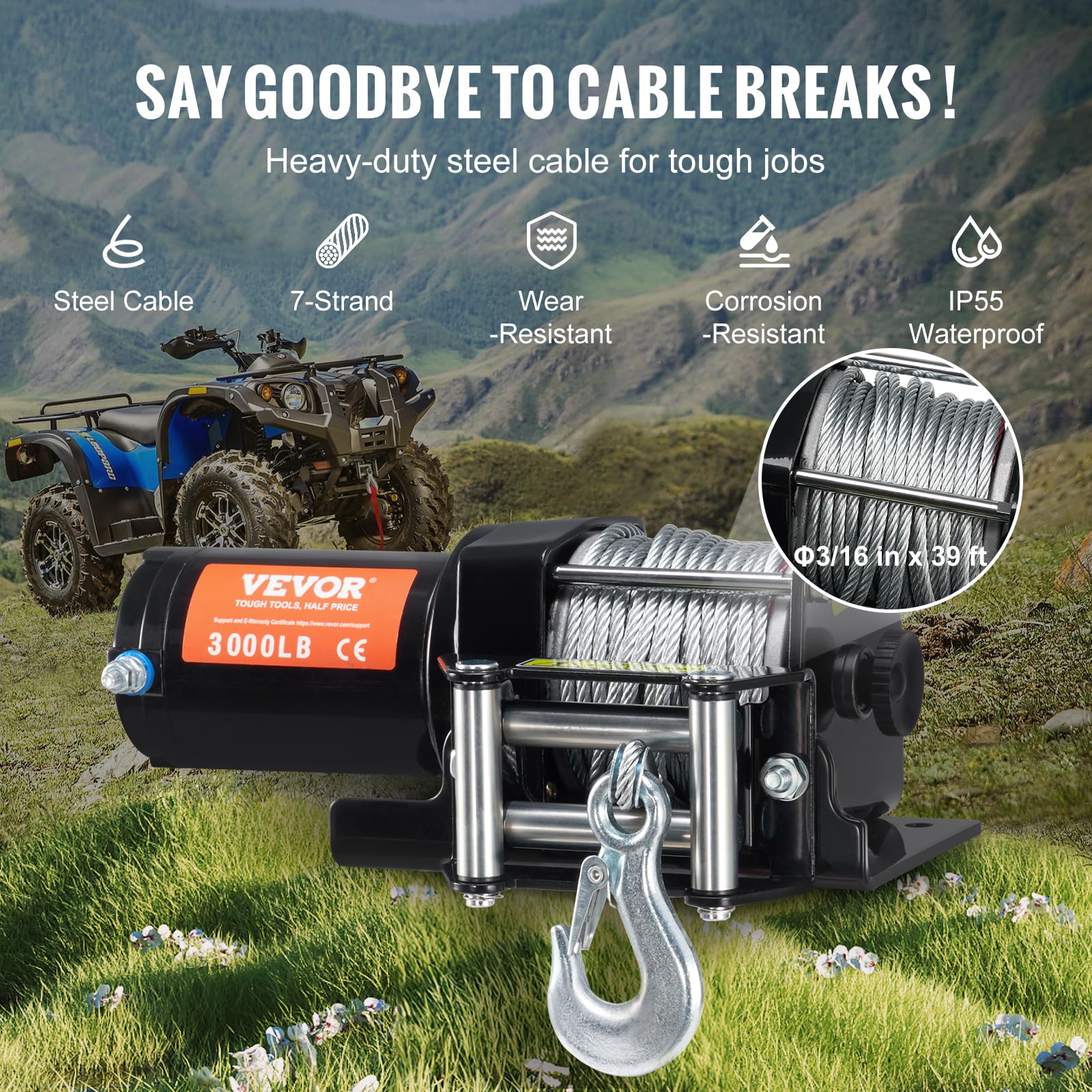 Foto 5 pulgar | Cabrestante Atv Vevor Eléctrico De 3000 Libras, 12 V Con Cable De Acero De 39 Pies - Venta Internacional.