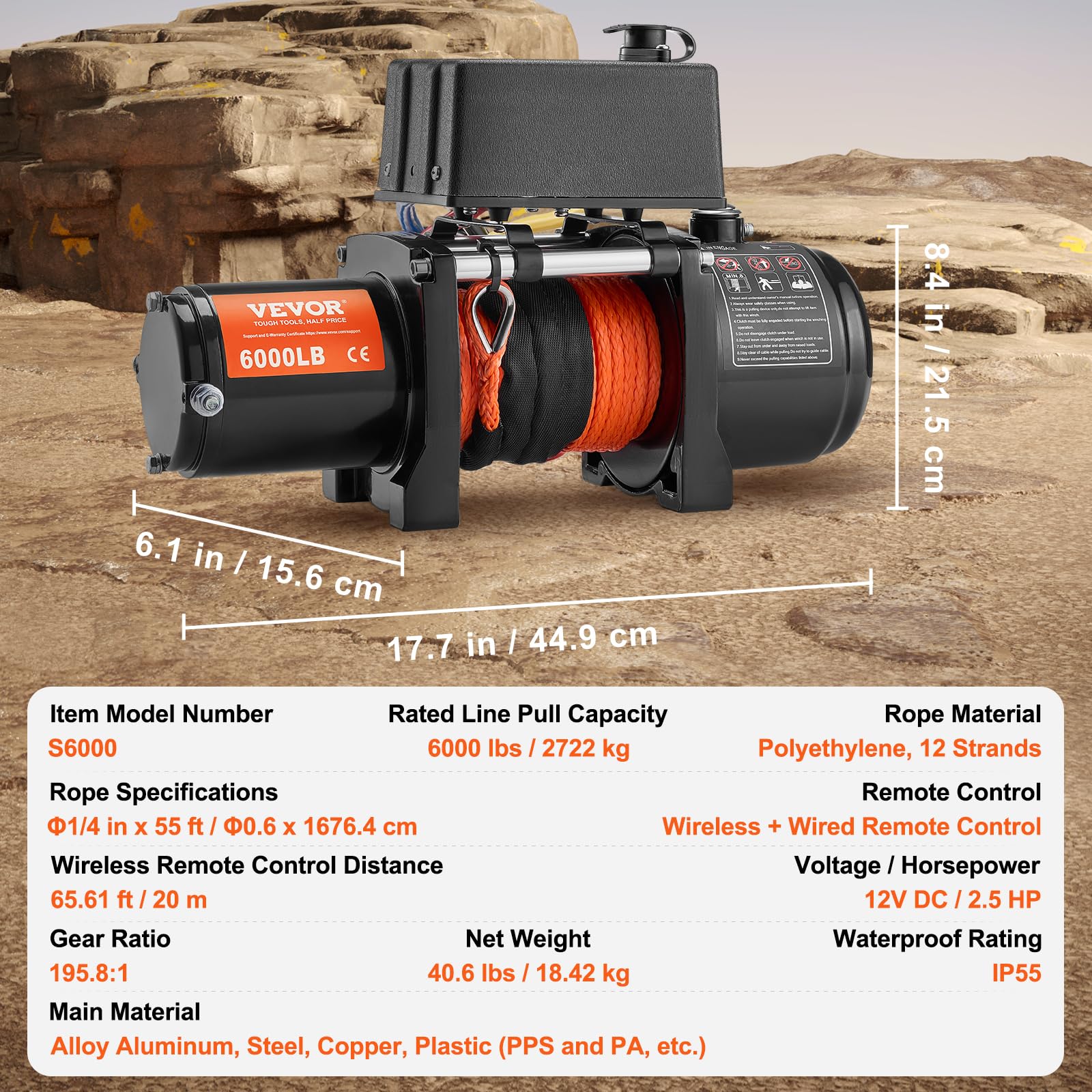 Foto 7 | Cabrestante Eléctrico Vevor 2721 Kg 12 V Dc 55 Pies Con Control Remoto - Venta Internacional.