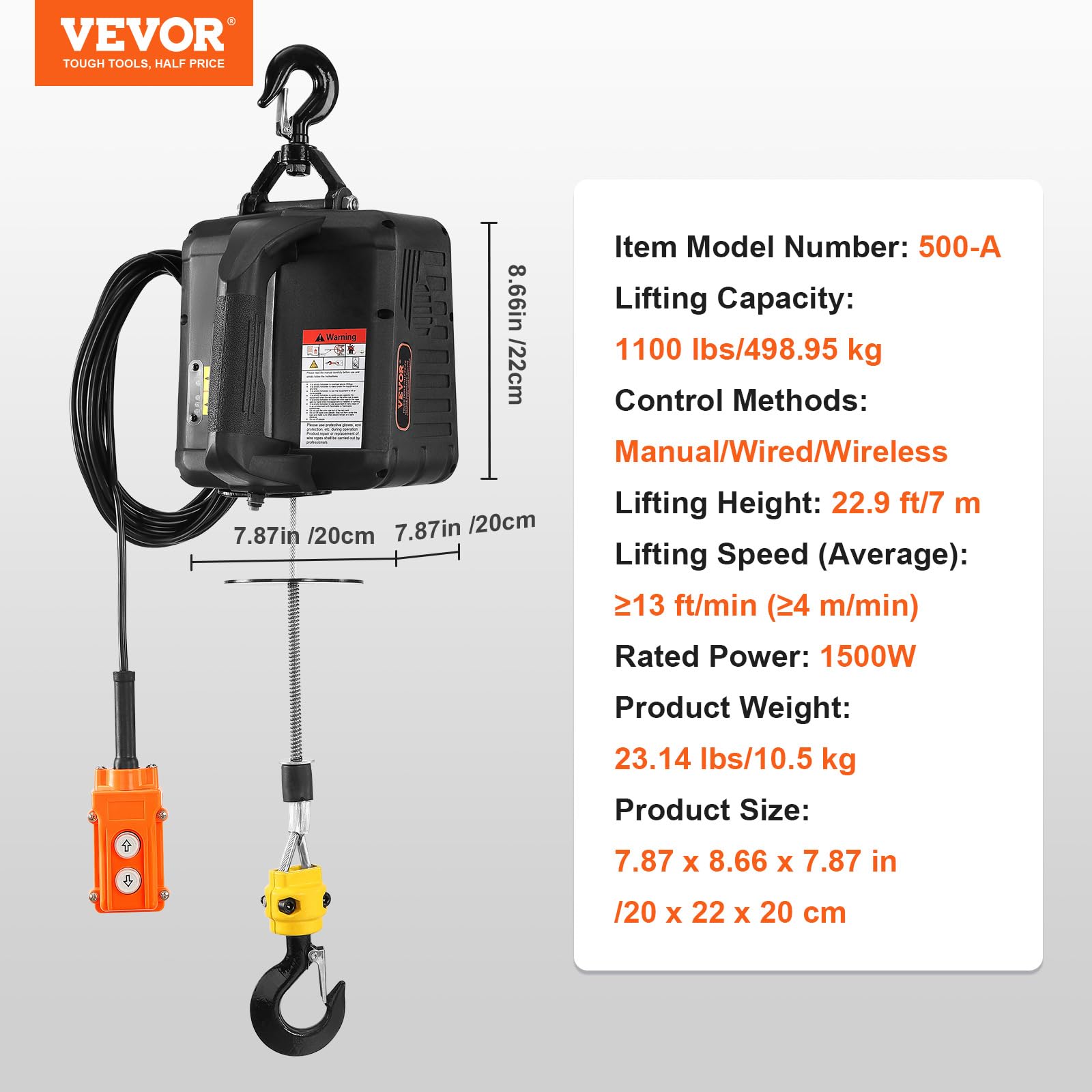 Foto 8 pulgar | Grúa Elevadora Eléctrica Vevor 3 En 1, 500 Kg Con Mando A Distancia - Venta Internacional.