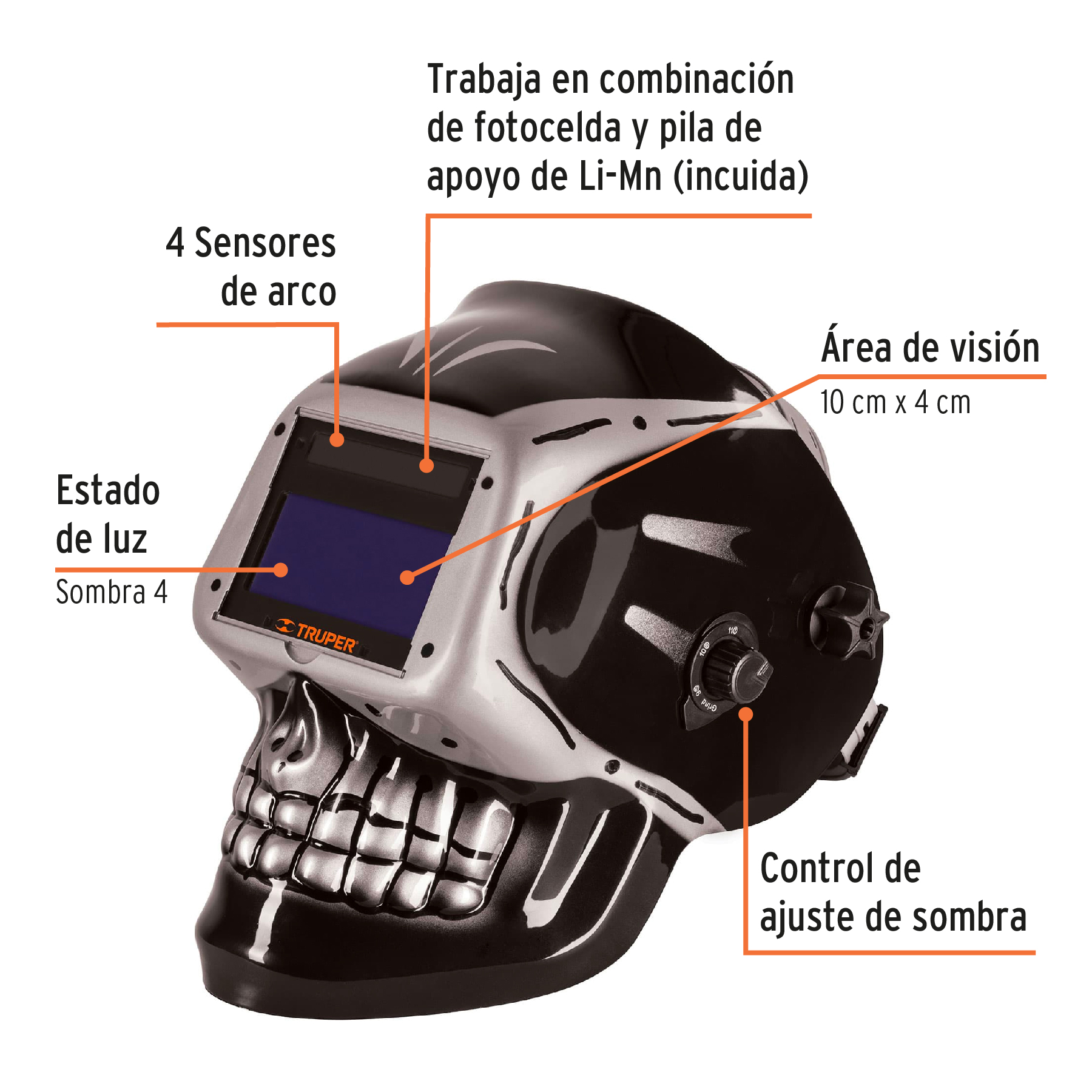 Foto 3 pulgar | Careta Truper Calavera color Negro Electrónica para Soldar Sombra 9 a 13