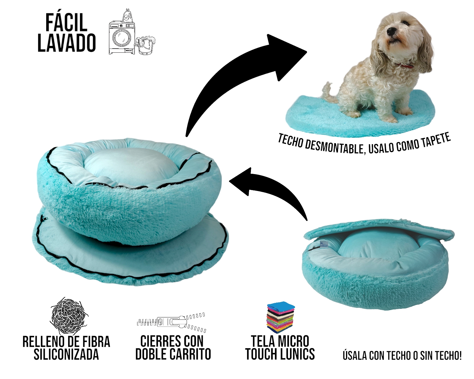 Foto 7 pulgar | Cama para Perro Lunics Aqua Antiestrés con Techo Desmontable Mediana