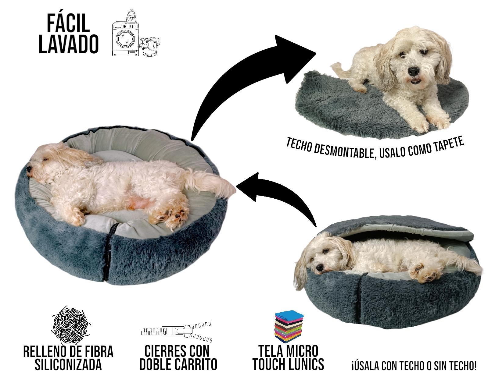 Foto 7 pulgar | Cama para Perro Lunics Antiestrés con Techo Desmontable Mediana Gris Oxford