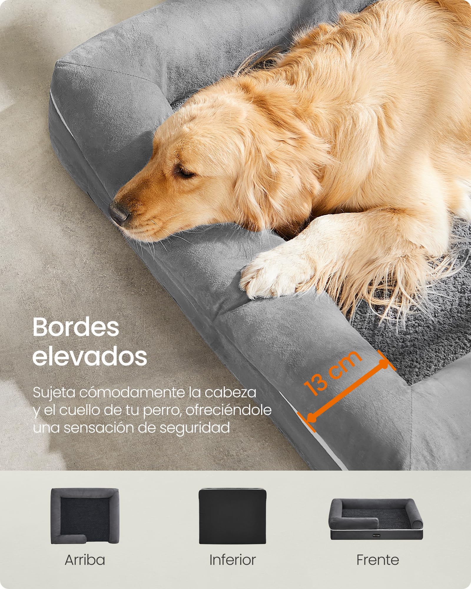 Foto 6 pulgar | Feandrea Cama Ortopédica Para Perros Grandes, Espuma Viscoelástica, Funda Lavable, Antideslizante, 44x34x10'', Gris