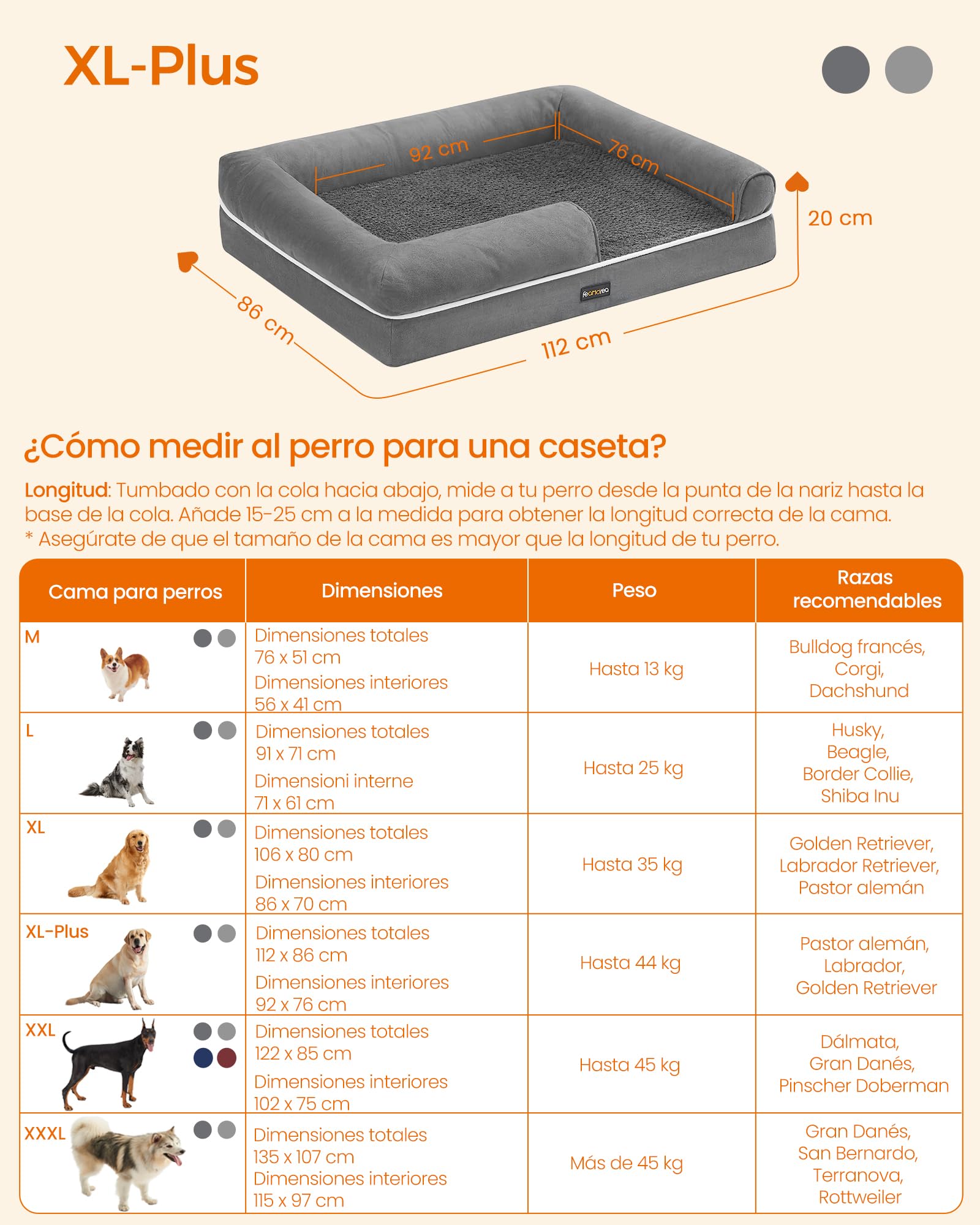 Foto 7 pulgar | Feandrea Cama Ortopédica Para Perros Grandes, Espuma Viscoelástica, Funda Lavable, Antideslizante, 44x34x10'', Gris