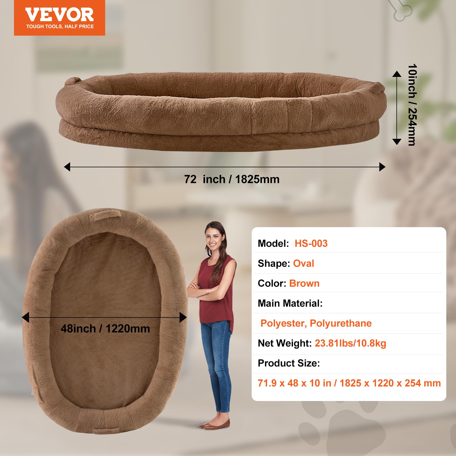 Foto 4 pulgar | Cama Para Perros Vevor, Tamaño Humano, 72 X 48 X 10 Cm, Con Funda Lavable, Color Marrón - Venta Internacional.