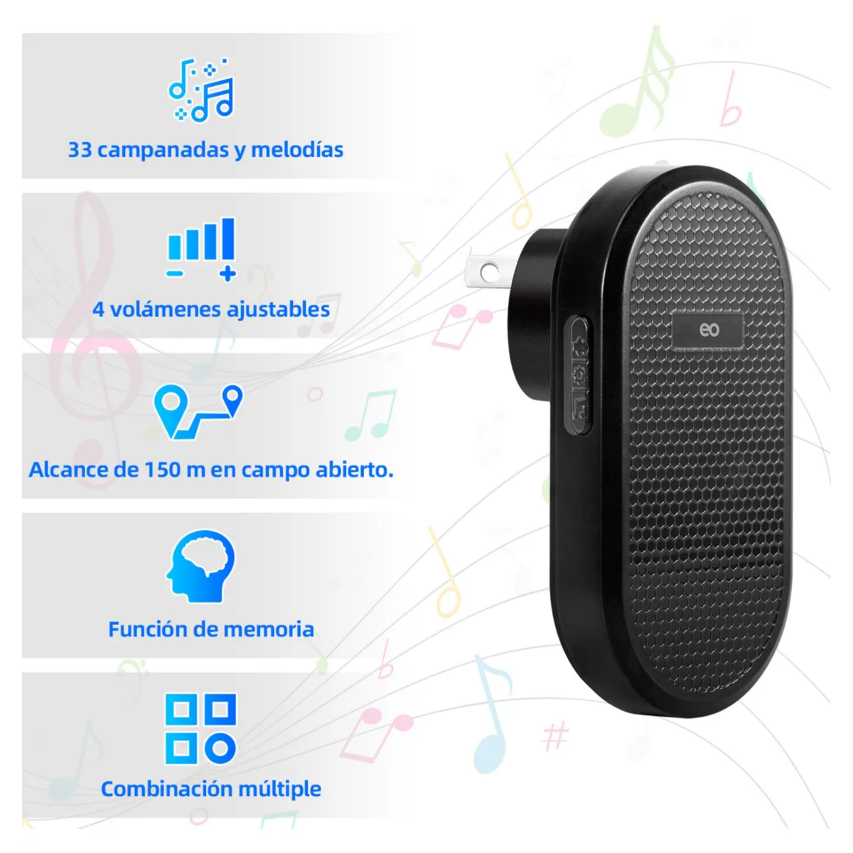 Foto 2 | Timbre Inalambrico Impermeable Con 1 Transmisor Y 1 Receptor Eo Safe Imports Esi-18823 Negro