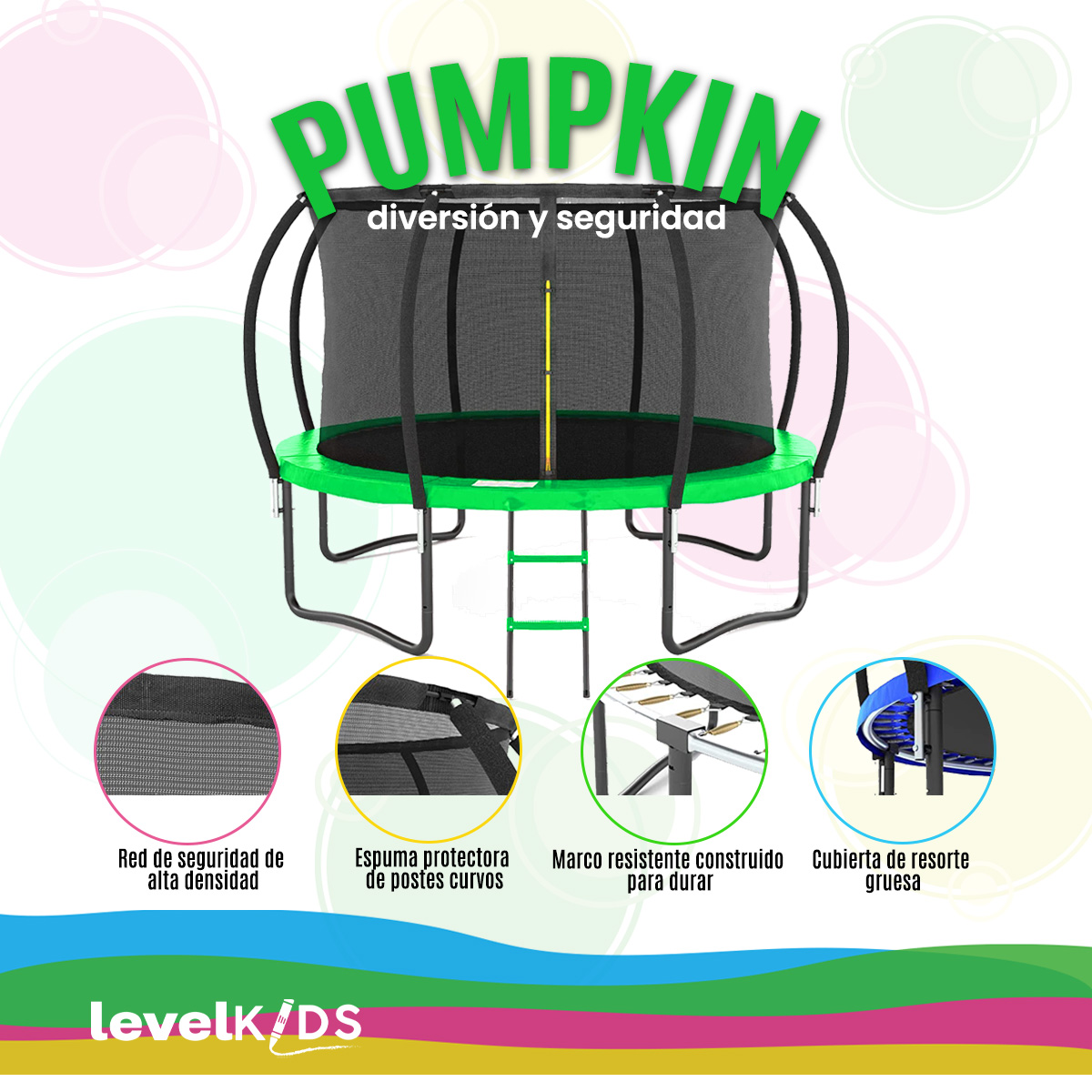 Foto 4 pulgar | Trampolin LEVEL FITNESS Pumpkin color Verde 12FT