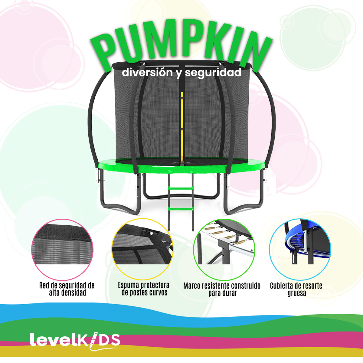 Foto 4 pulgar | Trampolin LEVEL FITNESS Pumpkin color Verde 10FT