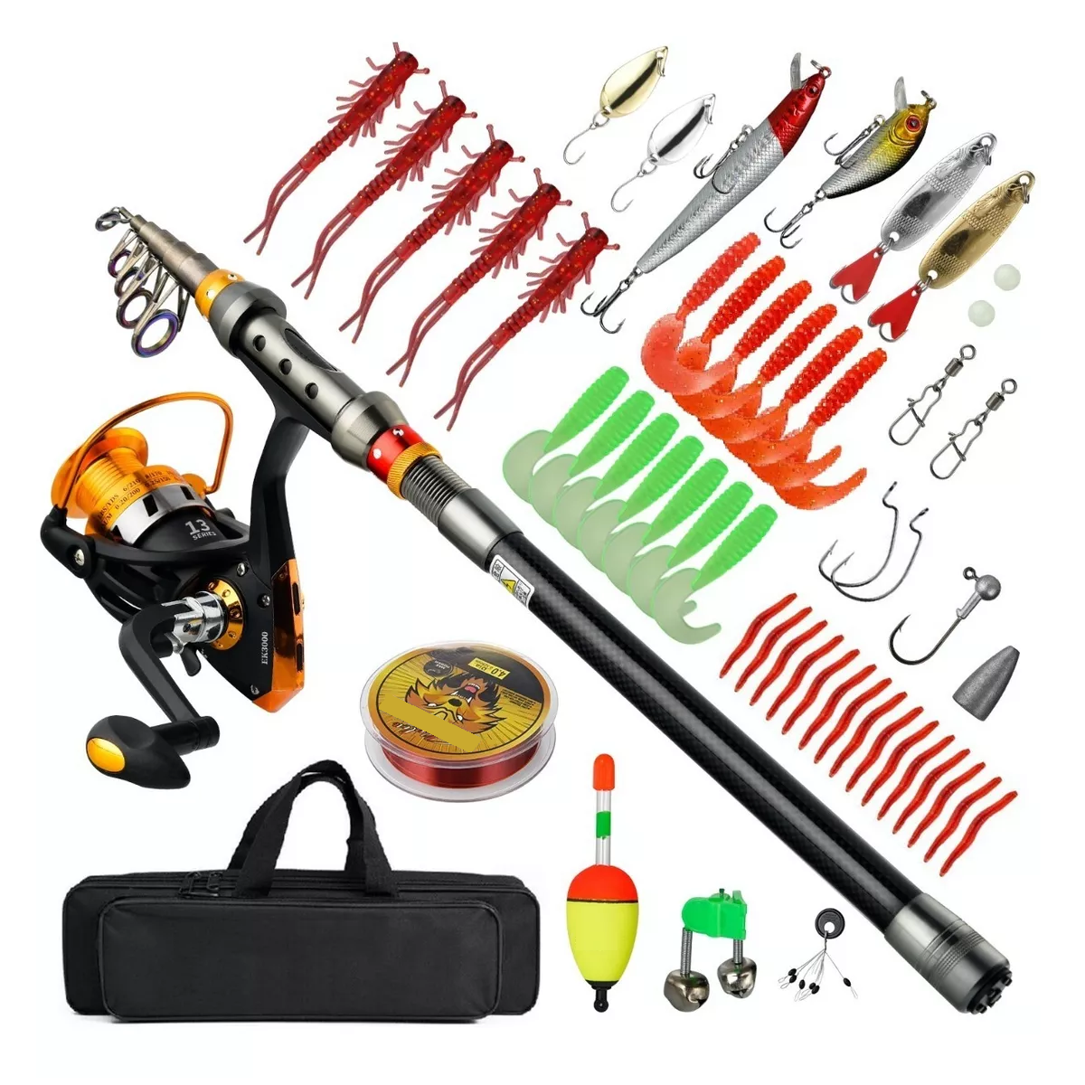 Kit Pesca Caña Carrete - Señuelos y Accesorio 65pzs Eo Safe Imports Esi-8079 Multicolor