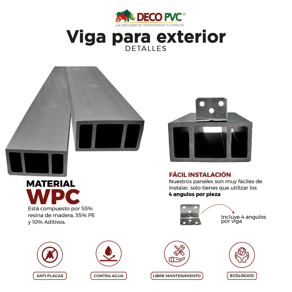 Foto 5 pulgar | Viga Para Exterior Wpc Con Accesorios / 4pz / 5x10x280cm (Natural Cepillado)
