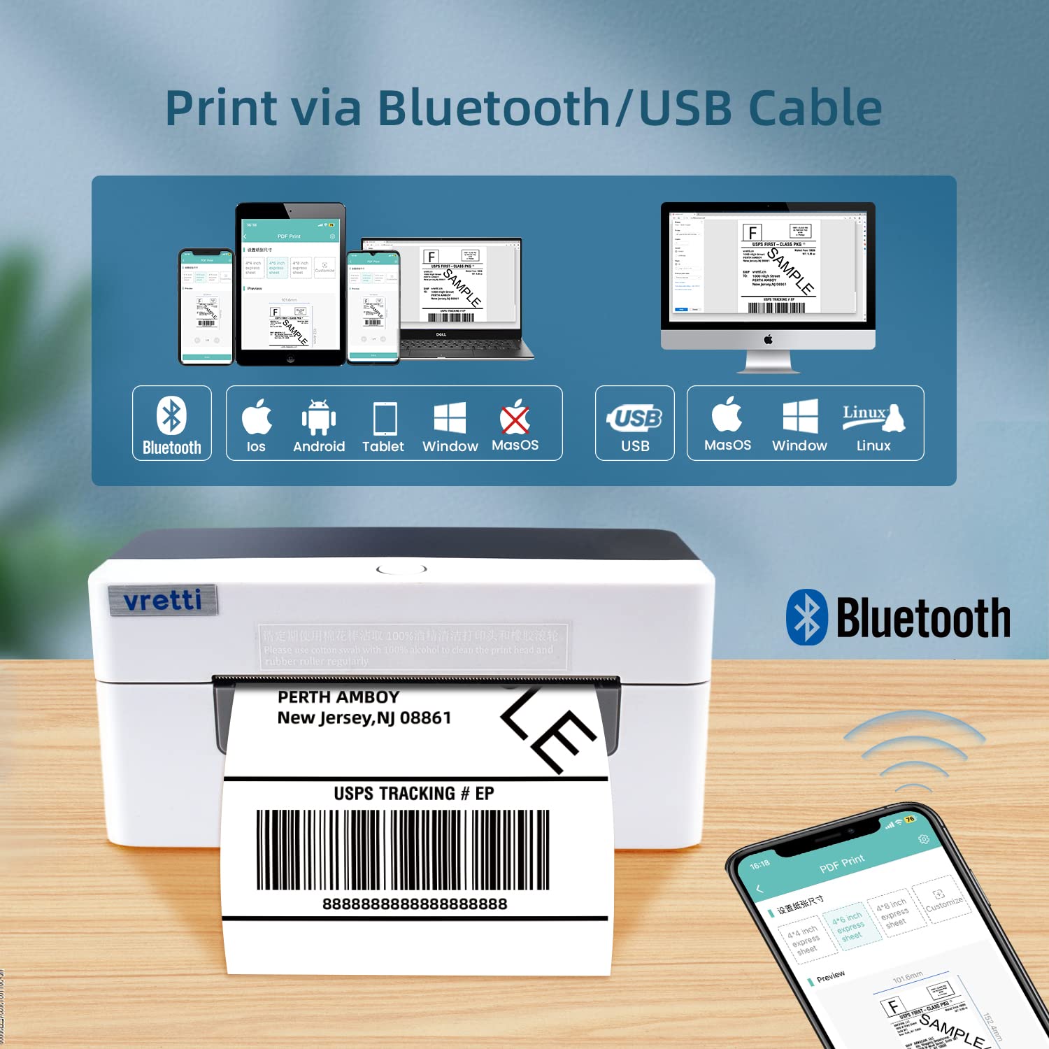 Foto 3 pulgar | Impresora Térmica De Etiquetas Vretti Bluetooth 4x6 Para Envío - Venta Internacional.