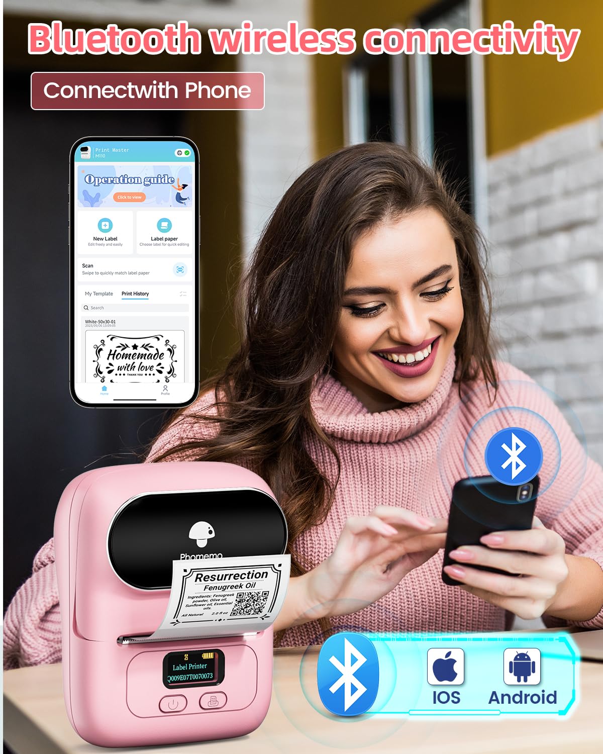 Foto 4 pulgar | Rotuladora Phomemo M110 Con 3 Rollos De Etiquetas Bluetooth, Color Rosa - Venta Internacional.
