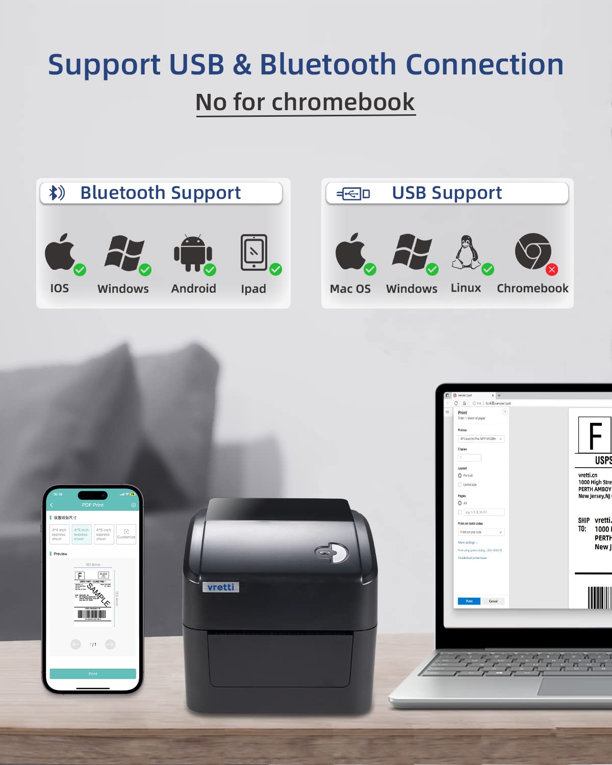 Foto 5 | Impresora Térmica De Etiquetas De Envío Vretti Bluetooth 4x6 Para Envíos - Venta Internacional.