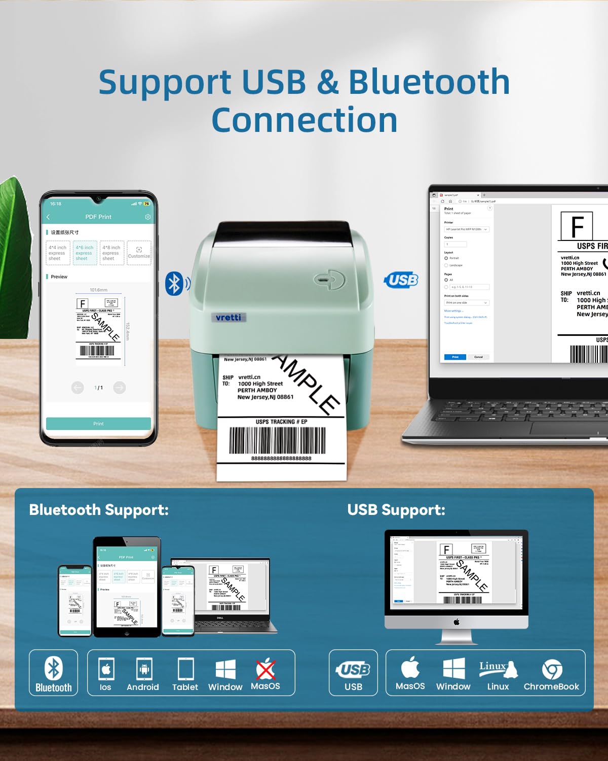 Foto 3 | Impresora De Etiquetas De Envío Vretti Bluetooth Thermal 420b 4x6 - Venta Internacional.