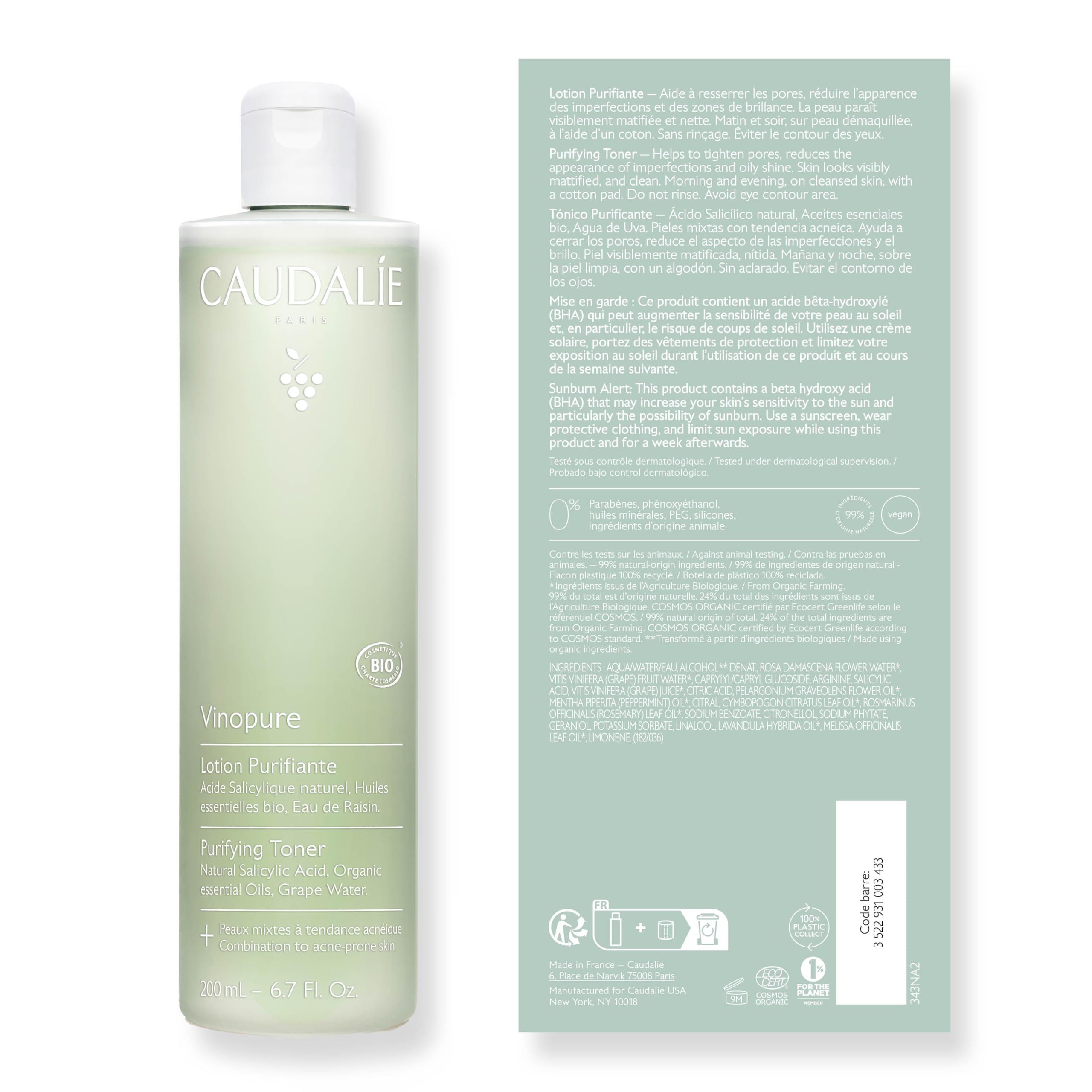 Foto 7 pulgar | Tónico Caudalie Vinopure, Ácido Salicílico Natural, 200 Ml, Poro - Venta Internacional.