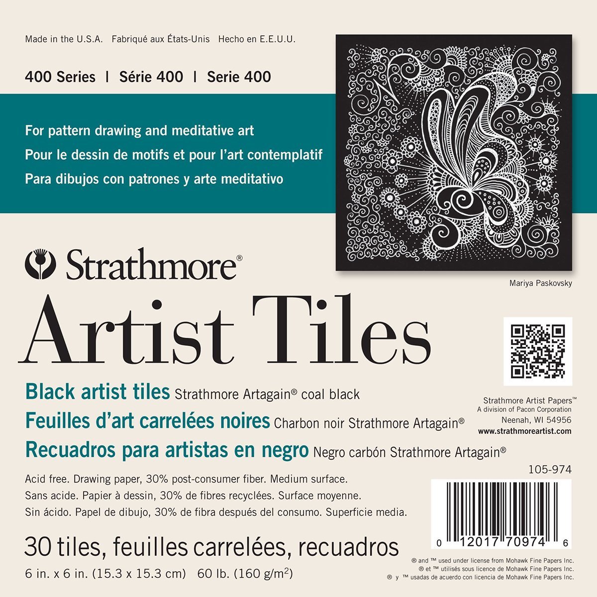 Artist Tiles Strathmore 62105974, 30 Hojas Negras, 160 G/m², 6 X 6 Cm - Venta Internacional.