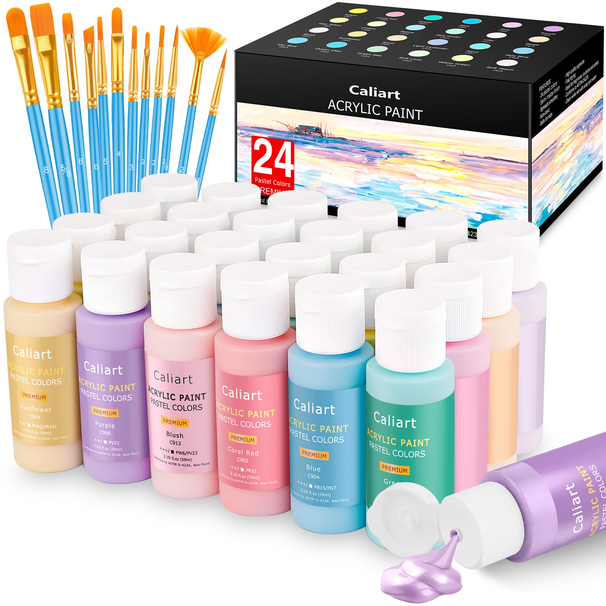 Set De Pintura Acrílica Caliart Pastel Con 12 Pinceles De 24 Colores - Venta Internacional. $1,017