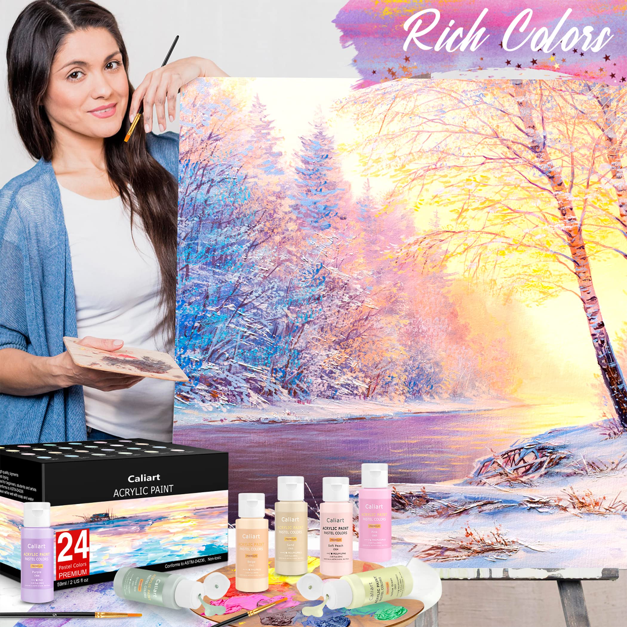 Foto 6 pulgar | Set De Pintura Acrílica Caliart Pastel Con 12 Pinceles De 24 Colores - Venta Internacional.