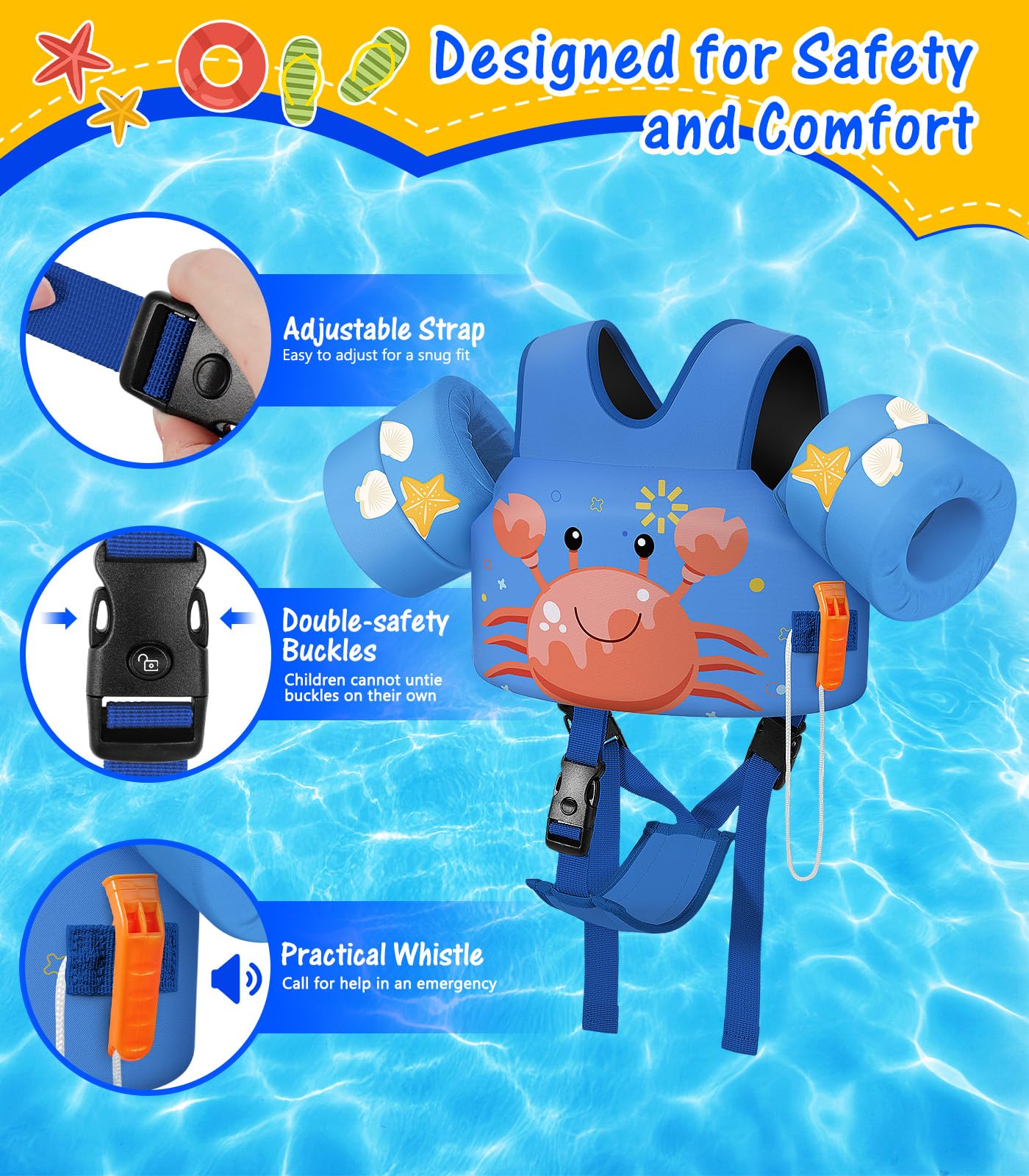 Foto 3 | Chaleco De Natación Moko Para Niños Pequeños, De 7 A 14 Kg, Diseño De Cangrejo Azul - Venta Internacional.