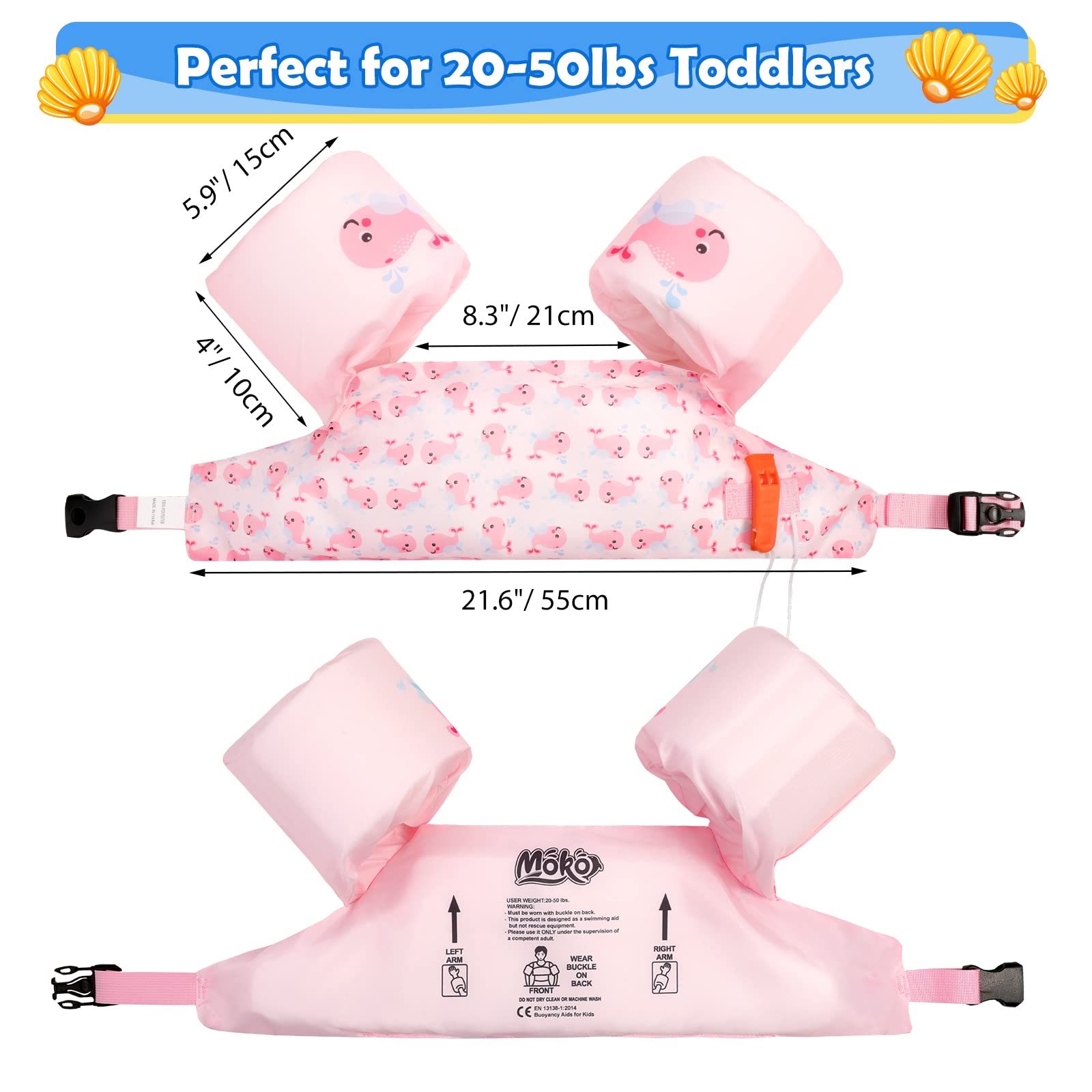 Foto 6 pulgar | Chaleco De Natación Moko Para Niños Pequeños De 9 A 23 Kg Con Forma De Ballena Rosa De 20 A 50 Libras - Venta Int