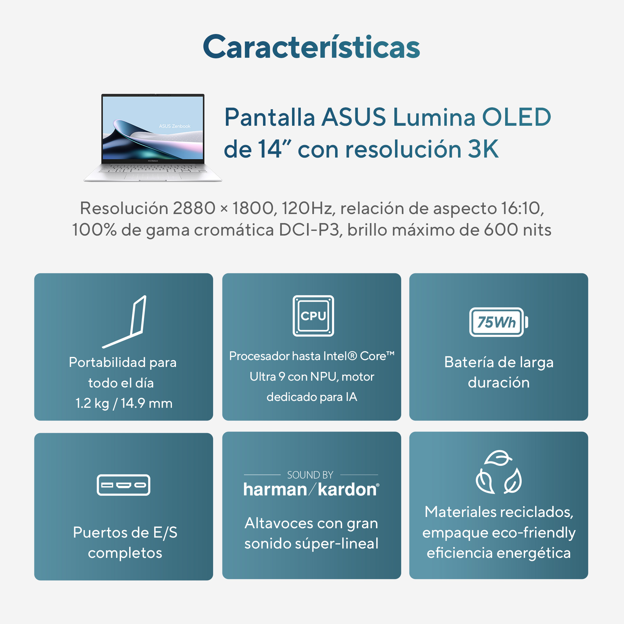 Foto 4 pulgar | Laptop Asus Zenbook 14 OLED (UX3405MA-QD019W), Core Ultra 7, 16GB RAM, 1TB, Plata