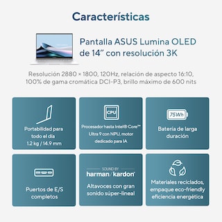 Foto 3 | Laptop Asus Zenbook 14 OLED (UX3405MA-QD019W), Core Ultra 7, 16GB RAM, 1TB, Plata
