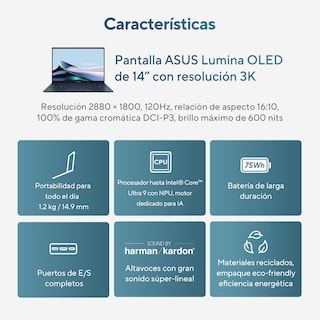 Foto 3 | Laptop Asus Zenbook 14 OLED (UX3405), Intel Core Ultra 7 155H, 32GB RAM, Azul
