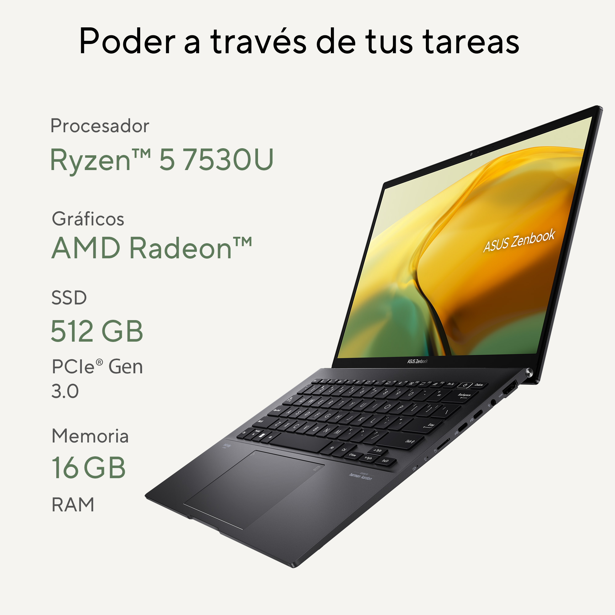 Foto 3 pulgar | Laptop Asus Zenbook 14 (UM3402) AMDRyzen 5 7530U, 16GB RAM, 512GB, Negro, 14'' 2.5K