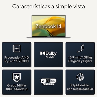 Foto 3 | Laptop Asus Zenbook 14 (UM3402) AMDRyzen 5 7530U, 16GB RAM, 512GB, Negro, 14'' 2.5K