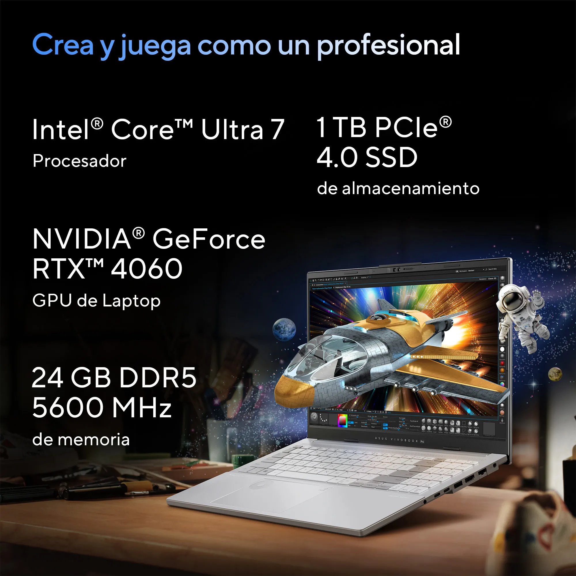 Foto 2 | Laptop Asus Vivobook Pro 15 Oled (intel  Core™ Ultra 7 155h, 24gb Ddr5, 1tb, Color Plateado)