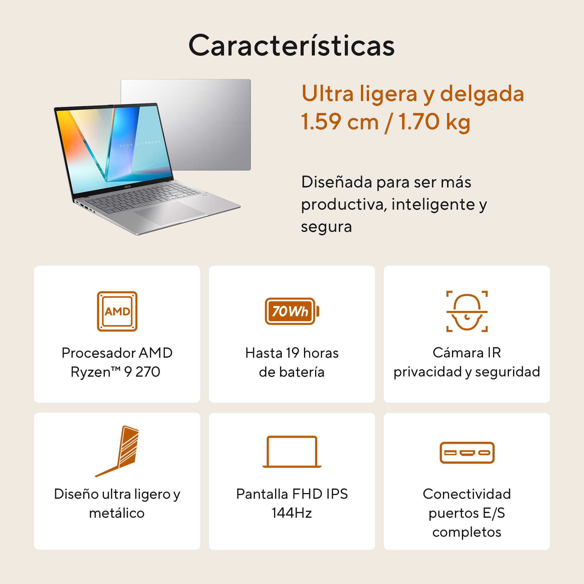 Foto 6 pulgar | Laptop Asus Vivobook S16  Amd Ryzen 9 270  16gb Ram   512gb Ssd   16'' Wuxga  Plata