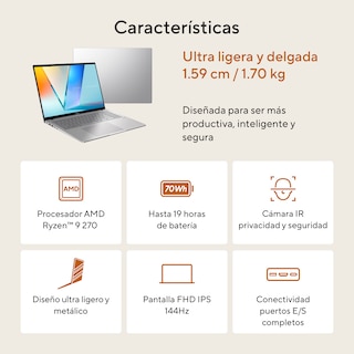 Foto 5 | Laptop Asus Vivobook S16 Amd Ryzen 9 270 16gb Ram 512gb Ssd 16'' Wuxga Plata