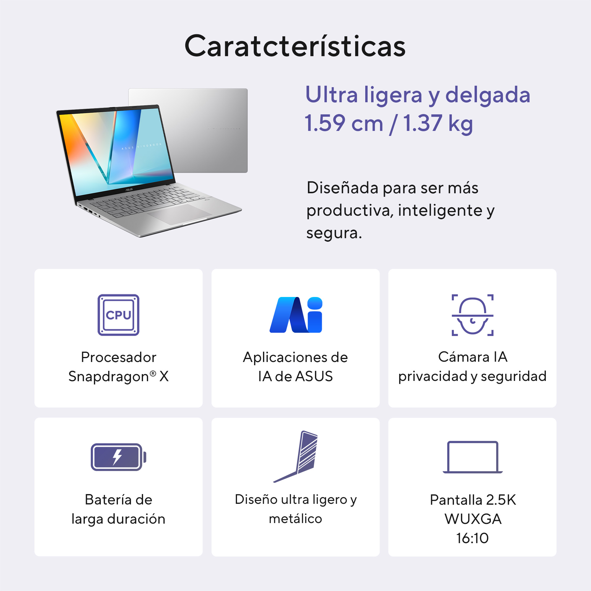 Foto 5 pulgar | Laptop Asus Vivobook S 14  Snapdragon X  X1 26 100  512gb Ssd  14''  2.5k  Plata